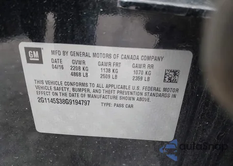 2016 Chevrolet Impala 2Lz from USA, damaged, VIN 2G1145S38G9194797